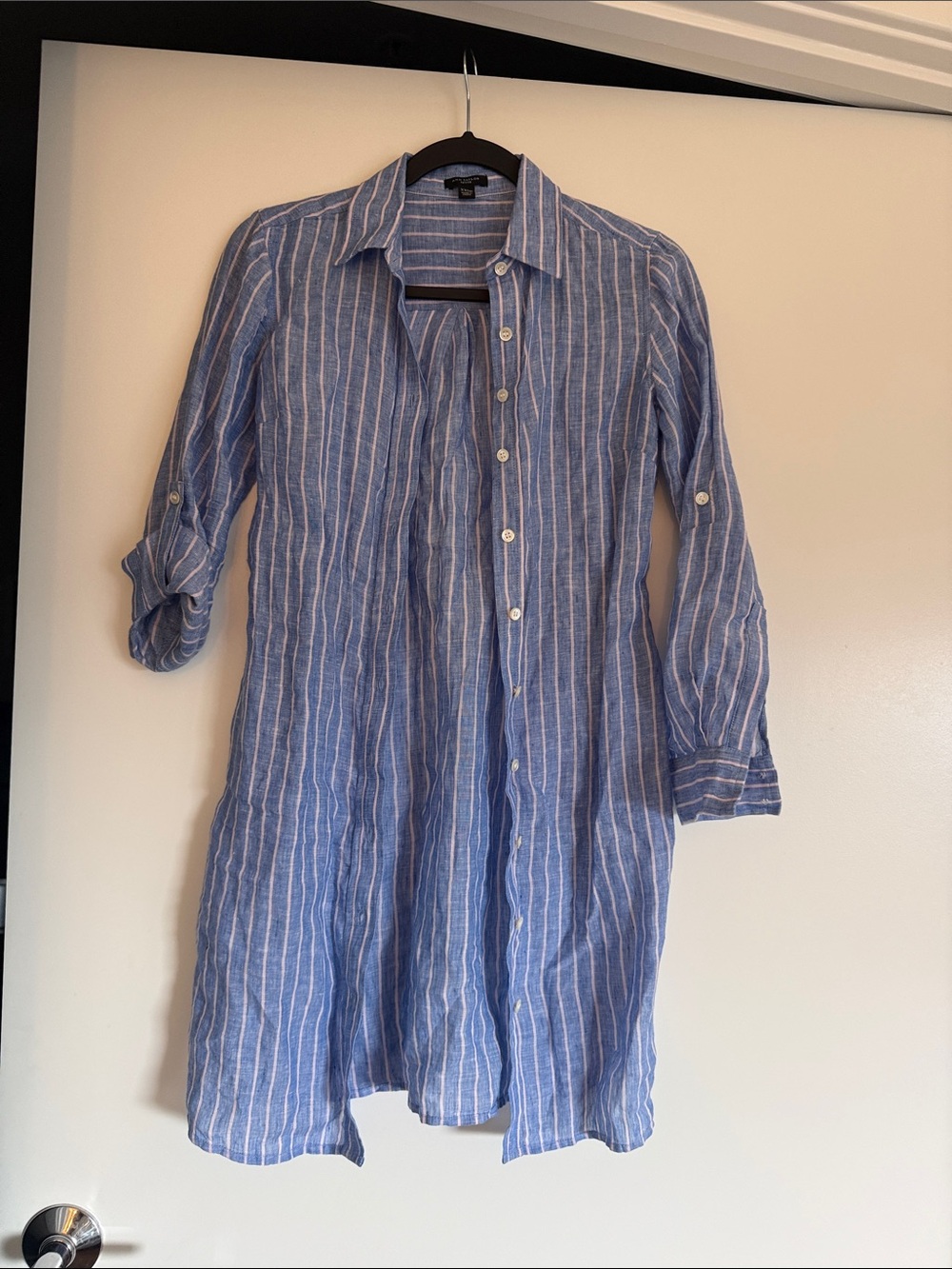 Ann Taylor Petite Coastal Linen Blue White Striped Button Down Dress XXSP
